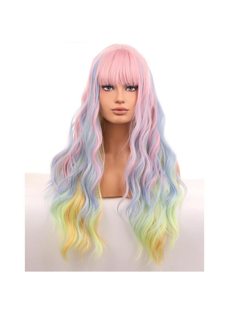 BERON - BERON Rainbow Long Wigs Curly Wavy Women Pastel Wigs with Bangs Colorful Heat Resistant Synthetic for Cosplay or Daily Wigs Wig Cap Included - Image 1