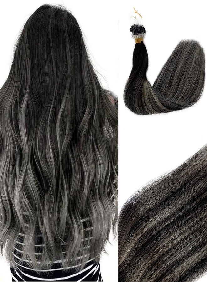 Smavida Silver Micro Ring Hair Extensions 100% Real Human Hair,Balayage Ombre Natural Black to Grey Silver Real Human Hair Extensions Straight Micro Beads Hair Extensions Human Hair 50g 1g/strand - Image 1