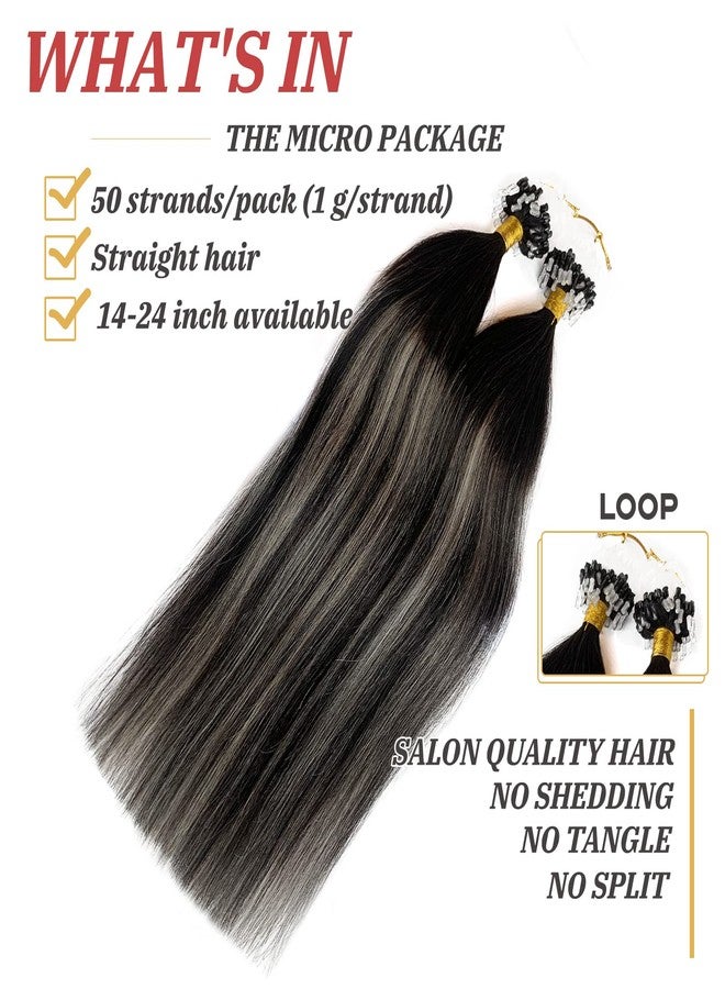 Smavida Silver Micro Ring Hair Extensions 100% Real Human Hair,Balayage Ombre Natural Black to Grey Silver Real Human Hair Extensions Straight Micro Beads Hair Extensions Human Hair 50g 1g/strand - Image 2