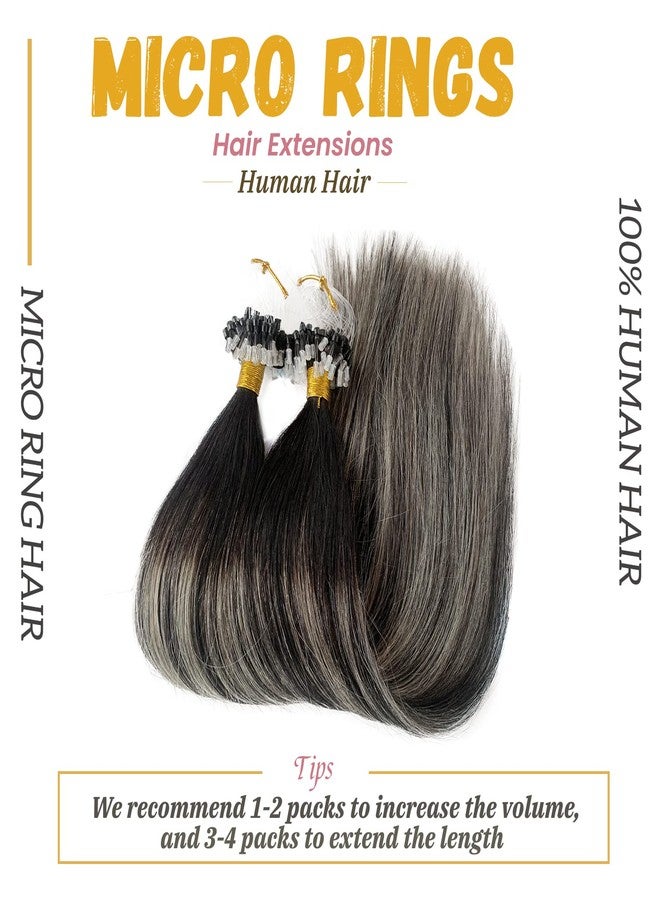 Smavida Silver Micro Ring Hair Extensions 100% Real Human Hair,Balayage Ombre Natural Black to Grey Silver Real Human Hair Extensions Straight Micro Beads Hair Extensions Human Hair 50g 1g/strand - Image 4