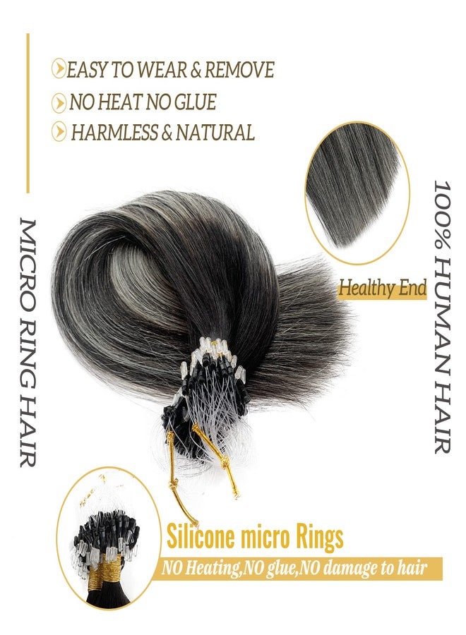 Smavida Silver Micro Ring Hair Extensions 100% Real Human Hair,Balayage Ombre Natural Black to Grey Silver Real Human Hair Extensions Straight Micro Beads Hair Extensions Human Hair 50g 1g/strand - Image 3