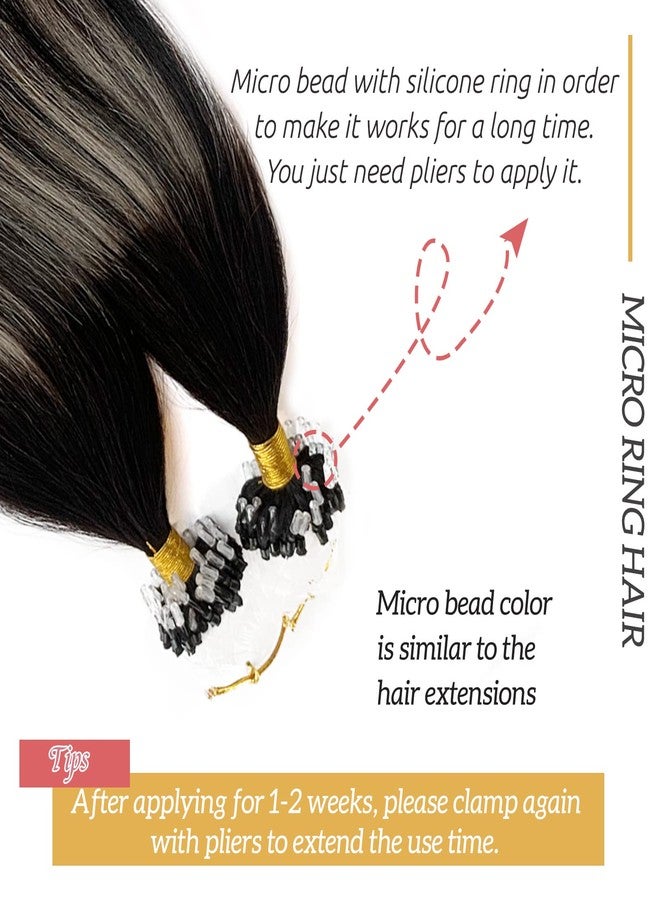 Smavida Silver Micro Ring Hair Extensions 100% Real Human Hair,Balayage Ombre Natural Black to Grey Silver Real Human Hair Extensions Straight Micro Beads Hair Extensions Human Hair 50g 1g/strand - Image 5