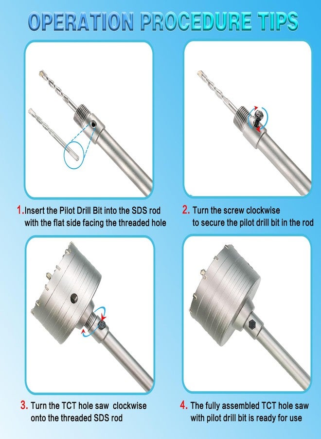 DKIBBITH 4" Concrete Hole Saw, 102mm Tungsten Steel Core Bit for Cinder Block, Brick, Rock, Plank Walls for Pipes or mini Split Lines, with SDS Plus Shank and 2 Center Positioning Drill Bits. - Image 3