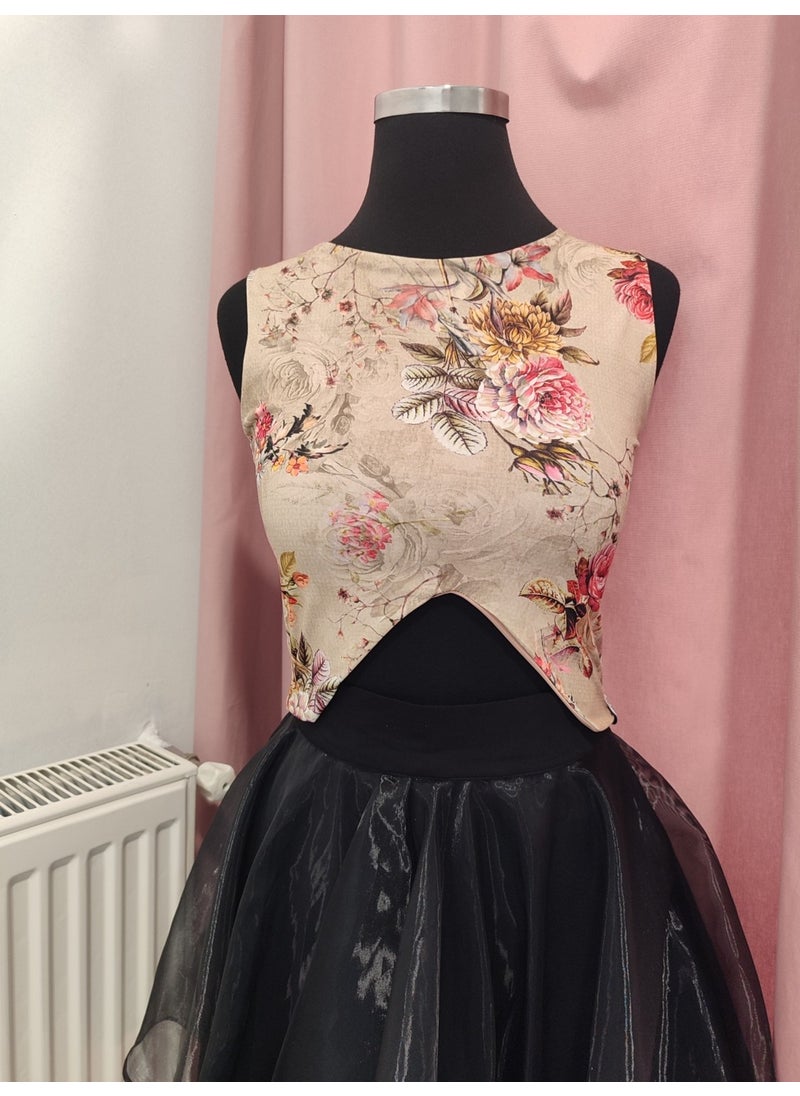 Due Stelle Low-Cut Crop Floral Beige  - Image 1