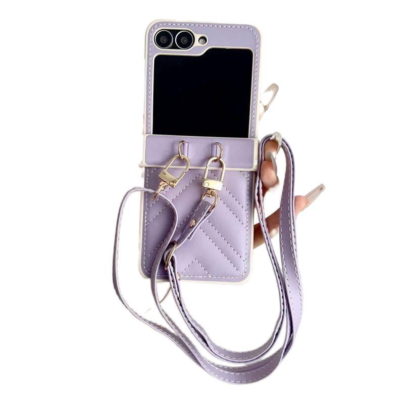 Shockproof Leather Texture for Samsung Galaxy Z Flip 7 with Lanyard and Full Coverage and Anti Slip Grip in Purple - Image 1