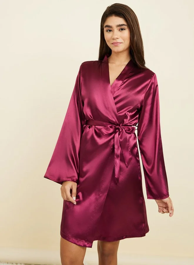 Styli Pack of 2 - Satin & Lace Trim Slip Dress & Robe Set