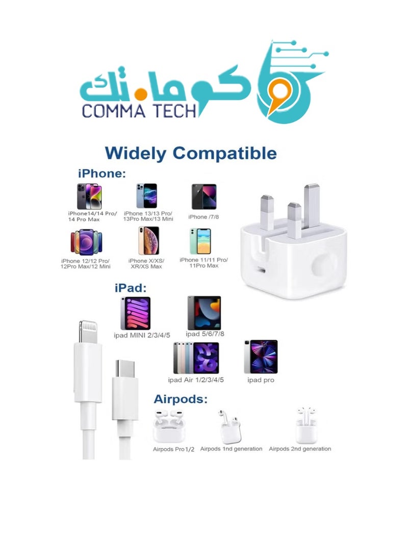 comma tech 20W Fast iPhone Charger 【USB-C Wall Charger】with 1m USB-C to Lightning Cable and Lightning Earphones. Compatible with iPhone 14/14 Pro/14 Pro Max/13/12/SE/11/XR/XS Max/X/iPad - Image 5
