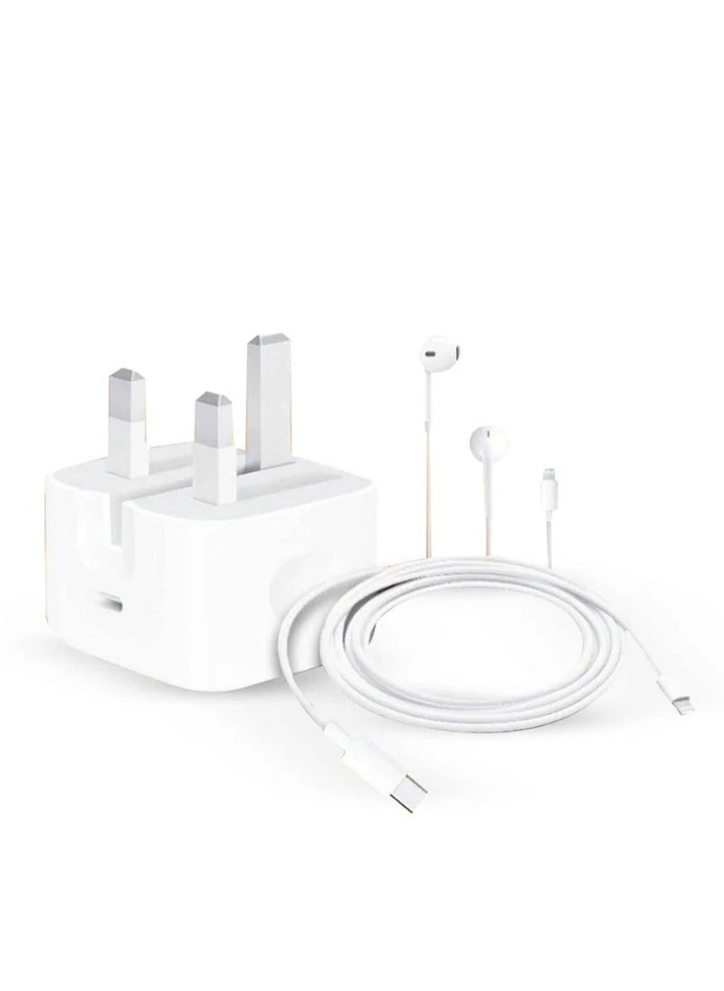 comma tech - 20W Fast iPhone Charger - USB-C Wall Charger with USB-C to Lightning Cable (1m) with Lightning Earphone Compatible with iPhone 14/14 Pro/14 Pro Max/13/12/SE 2020/11/XR/XS Max/X/iPad - Image 1