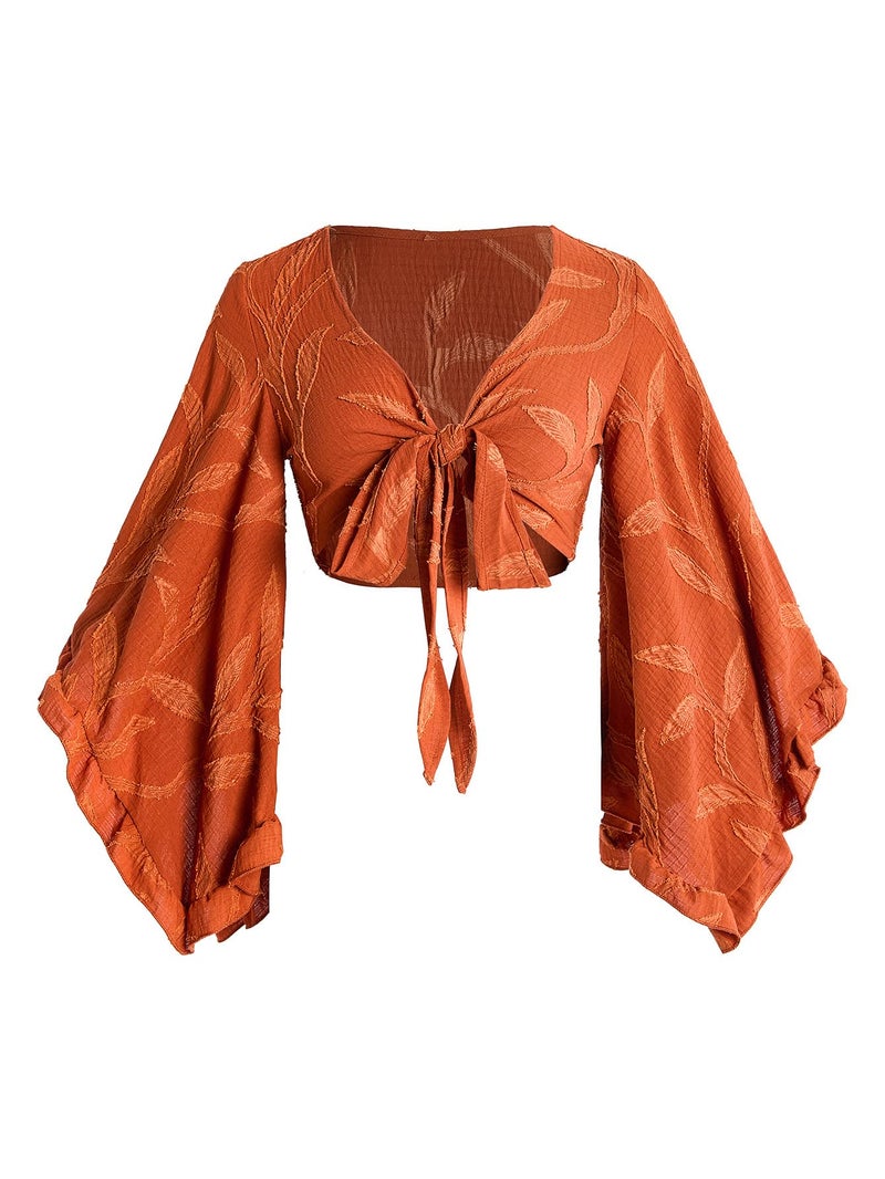 BEAUDRM Women's Boho Tops Wrap Western Country Concert 70s Outfits Tie Front Long Bell Sleeve Tops Hippie Disco Clothes Brown Medium - Image 1