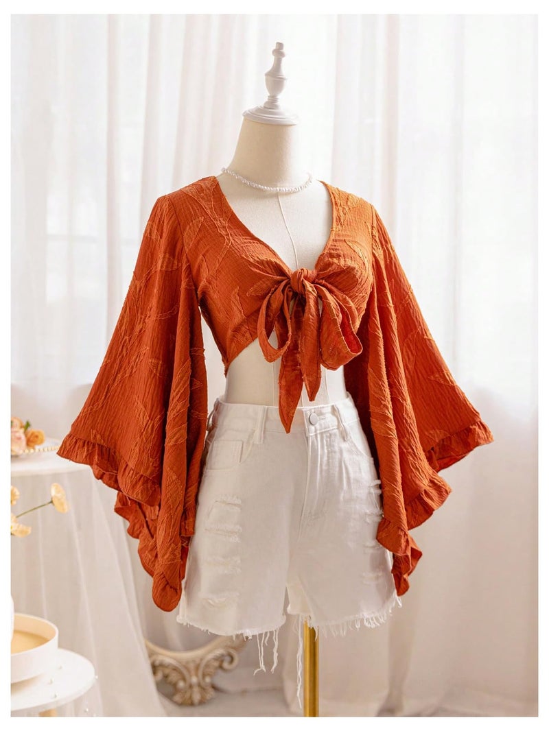 BEAUDRM Women's Boho Tops Wrap Western Country Concert 70s Outfits Tie Front Long Bell Sleeve Tops Hippie Disco Clothes Brown Medium - Image 3