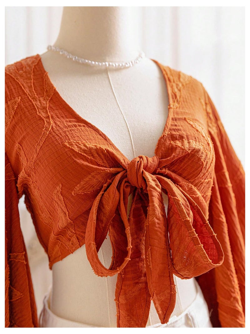 BEAUDRM Women's Boho Tops Wrap Western Country Concert 70s Outfits Tie Front Long Bell Sleeve Tops Hippie Disco Clothes Brown Medium - Image 5
