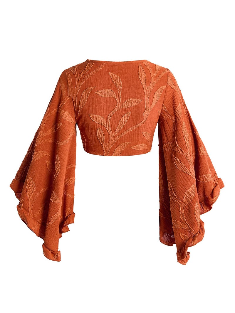 BEAUDRM Women's Boho Tops Wrap Western Country Concert 70s Outfits Tie Front Long Bell Sleeve Tops Hippie Disco Clothes Brown Medium - Image 4
