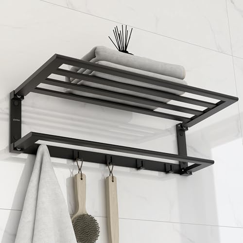 Plantex Folding Towel Rack with Towel Rod and Hooks for Bathroom/24 Inch Aluminium Towel Hanger/Stand/Bathroom Accessories - Pack of 1 (Black, 6900) - Image 1