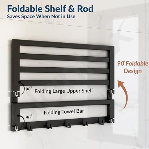 Plantex Folding Towel Rack with Towel Rod and Hooks for Bathroom/24 Inch Aluminium Towel Hanger/Stand/Bathroom Accessories - Pack of 1 (Black, 6900) - Image 5