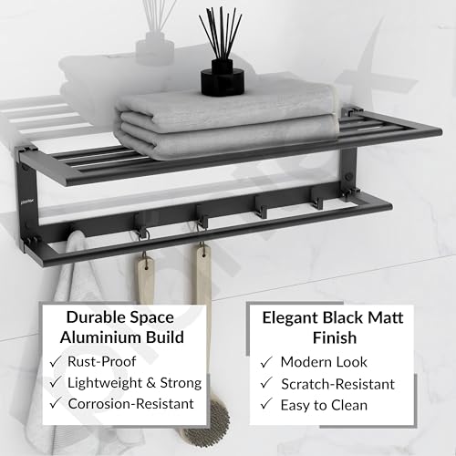 Plantex Folding Towel Rack with Towel Rod and Hooks for Bathroom/24 Inch Aluminium Towel Hanger/Stand/Bathroom Accessories - Pack of 1 (Black, 6900) - Image 3