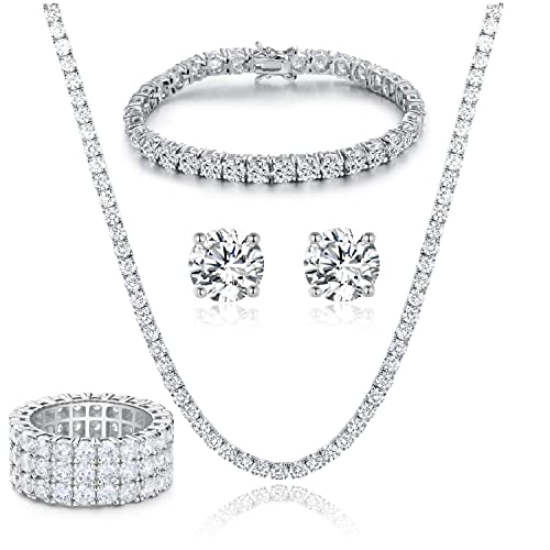 Gemsme 18K White Gold Plated Tennis Necklace/Bracelet/Earrings/3 Row Ring Sets Pack of 4 (5.5) - Image 1