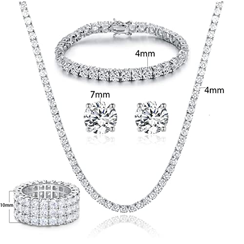 Gemsme 18K White Gold Plated Tennis Necklace/Bracelet/Earrings/3 Row Ring Sets Pack of 4 (5.5) - Image 3