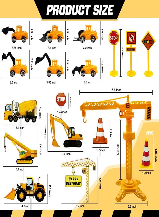 Morofme 21pcs Construction Cake Toppers Vehicles Cake Decorations Truck Excavator Tower Crane Cupcake Topper Bulldozer Backhoe Traffic Road Sign Cake Decor Construction Theme Birthday Party Supplies - Image 2