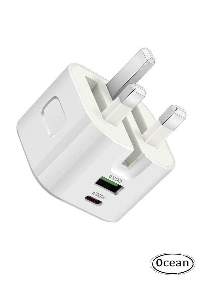 Ocean - USB C Plug Fast Charger for iPhone, PD 20W Type-C & QC 3.0 Fast Charger Foldable, Wall Charging Plug Universal Travel Adapter Dual Port Mains Charger for iPhone 16/Plus/Pro/Pro Max/15/14/13/12, White - Image 1