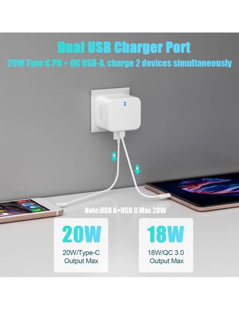 Ocean - USB C Plug Fast Charger for iPhone, PD 20W Type-C & QC 3.0 Fast Charger Foldable, Wall Charging Plug Universal Travel Adapter Dual Port Mains Charger for iPhone 16/Plus/Pro/Pro Max/15/14/13/12, White - Image 1