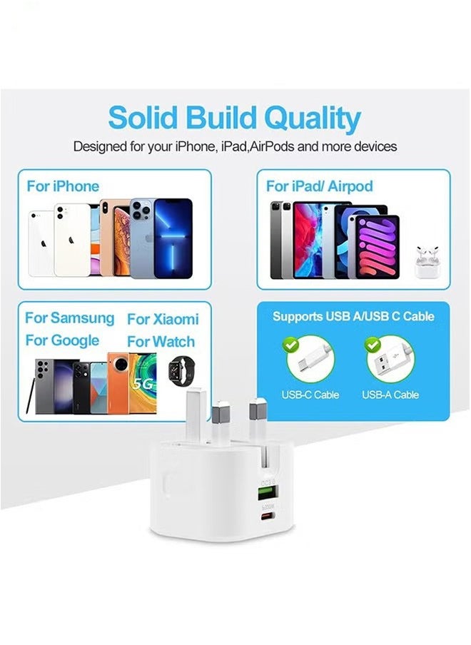 Ocean - USB C Plug Fast Charger for iPhone, PD 20W Type-C & QC 3.0 Fast Charger Foldable, Wall Charging Plug Universal Travel Adapter Dual Port Mains Charger for iPhone 16/Plus/Pro/Pro Max/15/14/13/12, White - Image 1