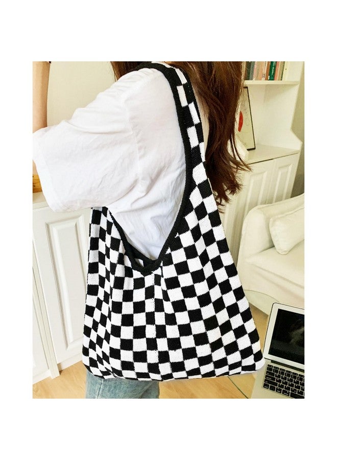 QTKJ Tote Bag for Women, Knitting Shoulder Bag, Soft Checkerboard Handbags, Large Capacity Travel Bag for Vacation, Daily Matching - Image 4