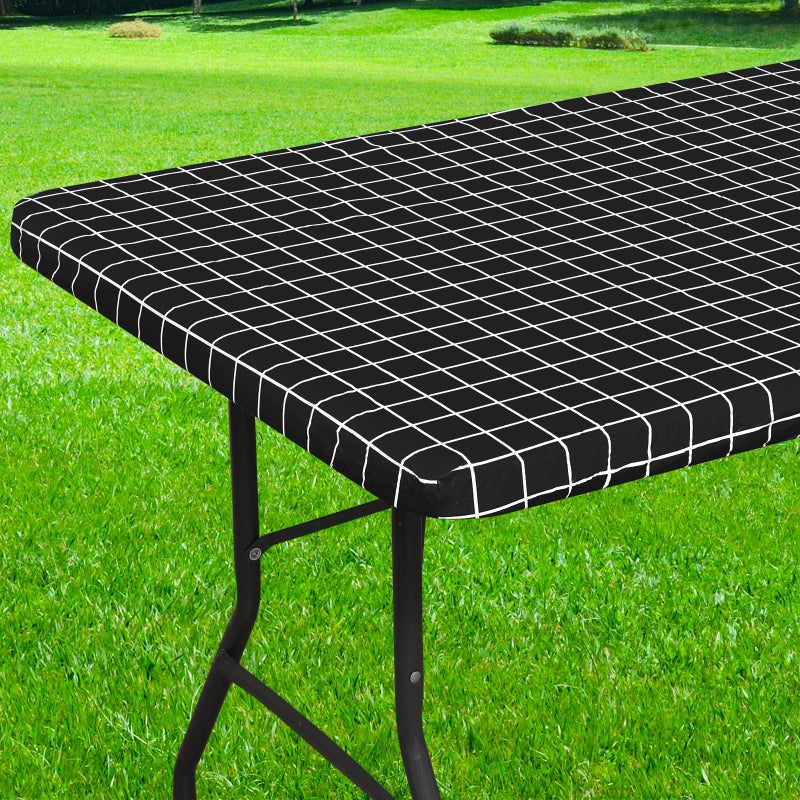 Spotjoy Rectangle Vinyl Table Cloth 30x72, Waterproof Elastic Fitted Tablecloth with Flannel Backing, Plastic Table Cover for Picnic, Camping, Outdoor, Black - Image 1