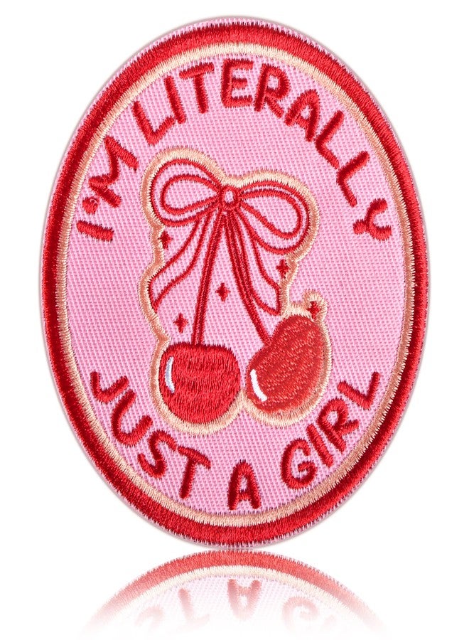 FengechoCstm I'm Literally Just A Girl Patch 3" Embroidered Funny Patch Hook and Loop Backing Red Cherry Bow Patch Morale Patch Backpacks, Hats, Bags,Dog Harness, Vests, Patch Wall - Image 1