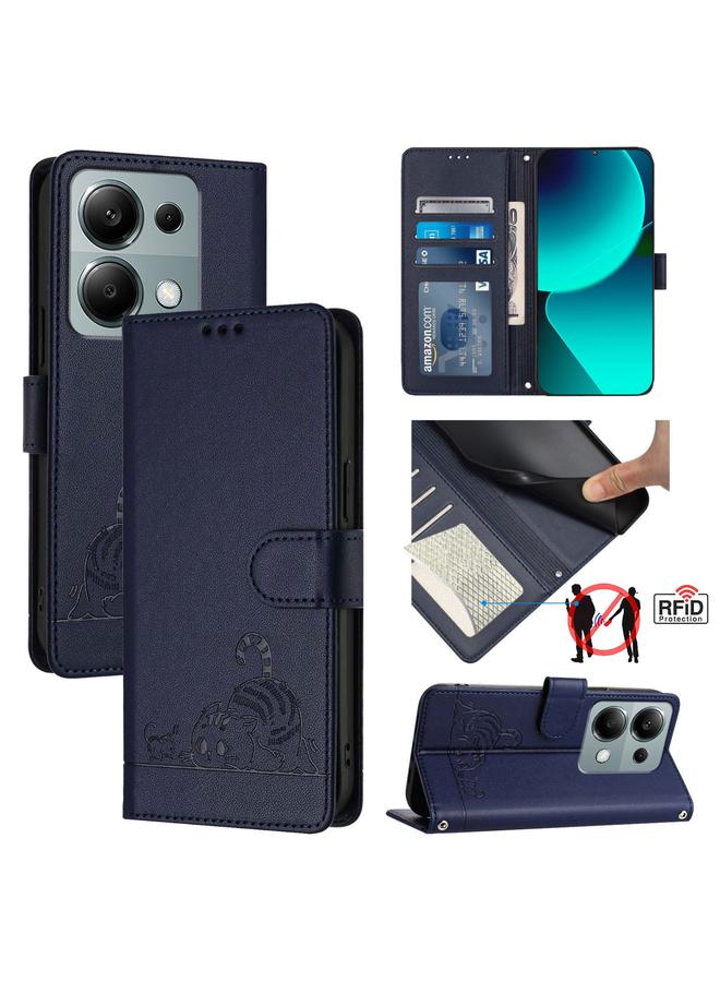 The Bros Case For Xiaomi Redmi Note 13 Pro 4G Global Cat Rat Embossed Pattern RFID PU Phone Case with Wrist Strap