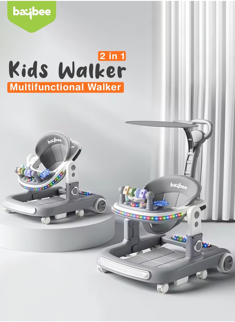 BAYBEE 2 in 1 Baby Walker for Kids, Baby Push Walker with Adjustable Height, Footmat, Canopy, Foldable Kids Walker with Tray, Musical Toy & Light Toddler Walker for Baby 6-18 Months Boy Girl Grey  - Image 1