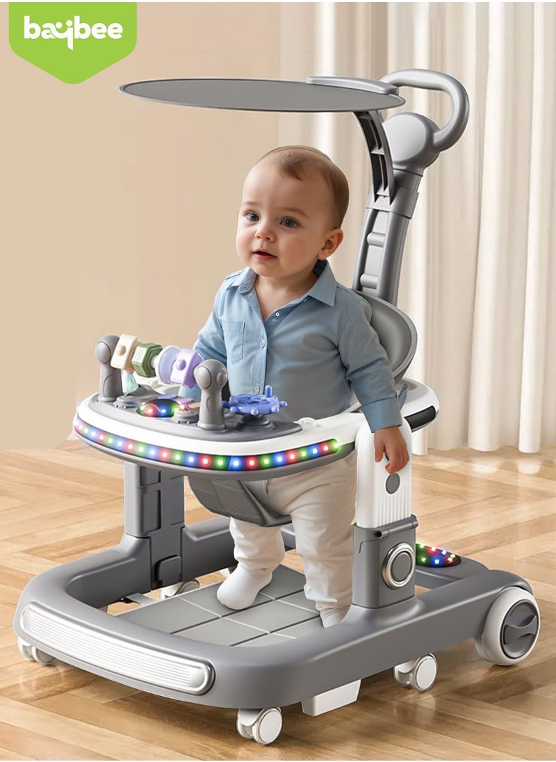 BAYBEE 2 in 1 Baby Walker for Kids, Baby Push Walker with Adjustable Height, Footmat, Canopy, Foldable Kids Walker with Tray, Musical Toy & Light Toddler Walker for Baby 6-18 Months Boy Girl Grey  - Image 2