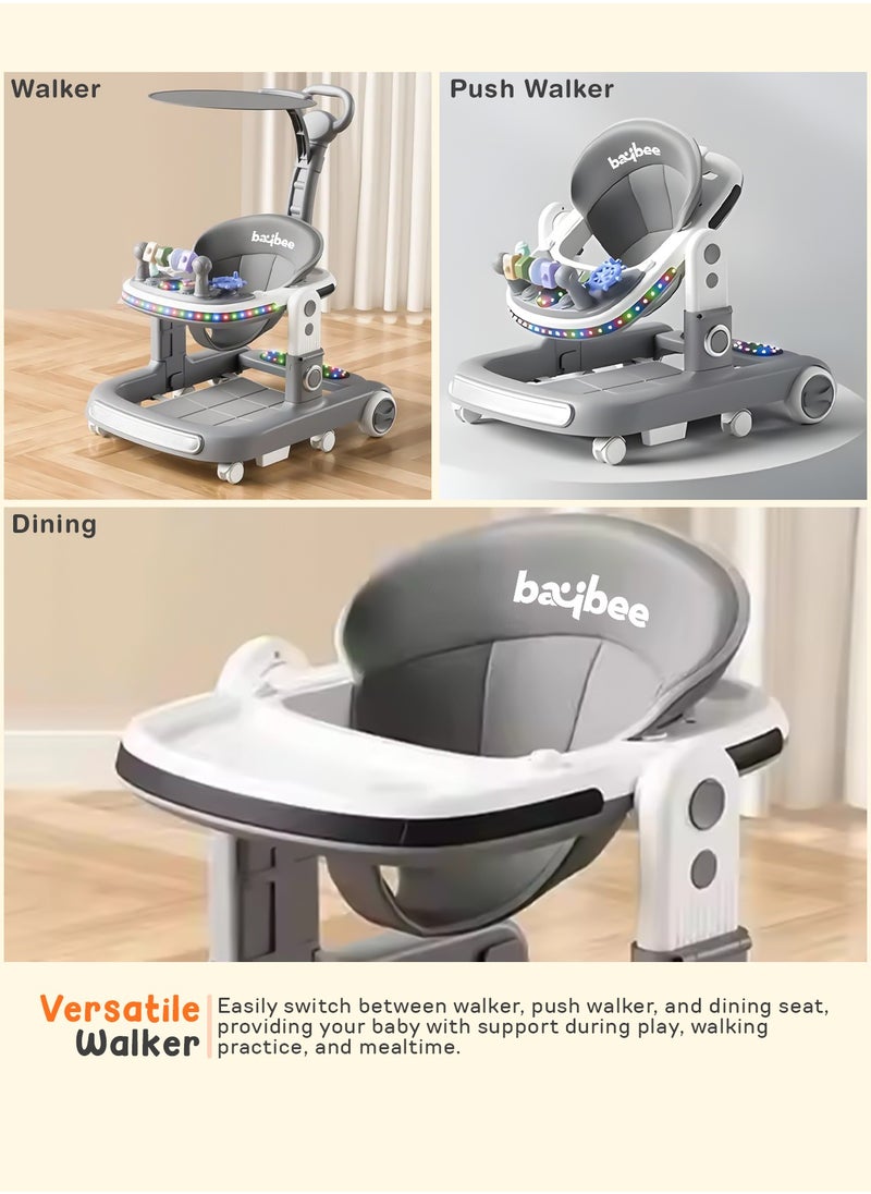 BAYBEE 2 in 1 Baby Walker for Kids, Baby Push Walker with Adjustable Height, Footmat, Canopy, Foldable Kids Walker with Tray, Musical Toy & Light Toddler Walker for Baby 6-18 Months Boy Girl Grey  - Image 3