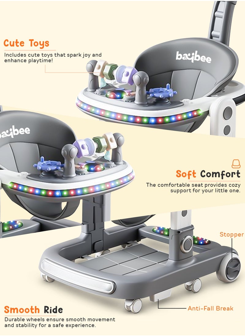 BAYBEE 2 in 1 Baby Walker for Kids, Baby Push Walker with Adjustable Height, Footmat, Canopy, Foldable Kids Walker with Tray, Musical Toy & Light Toddler Walker for Baby 6-18 Months Boy Girl Grey  - Image 4