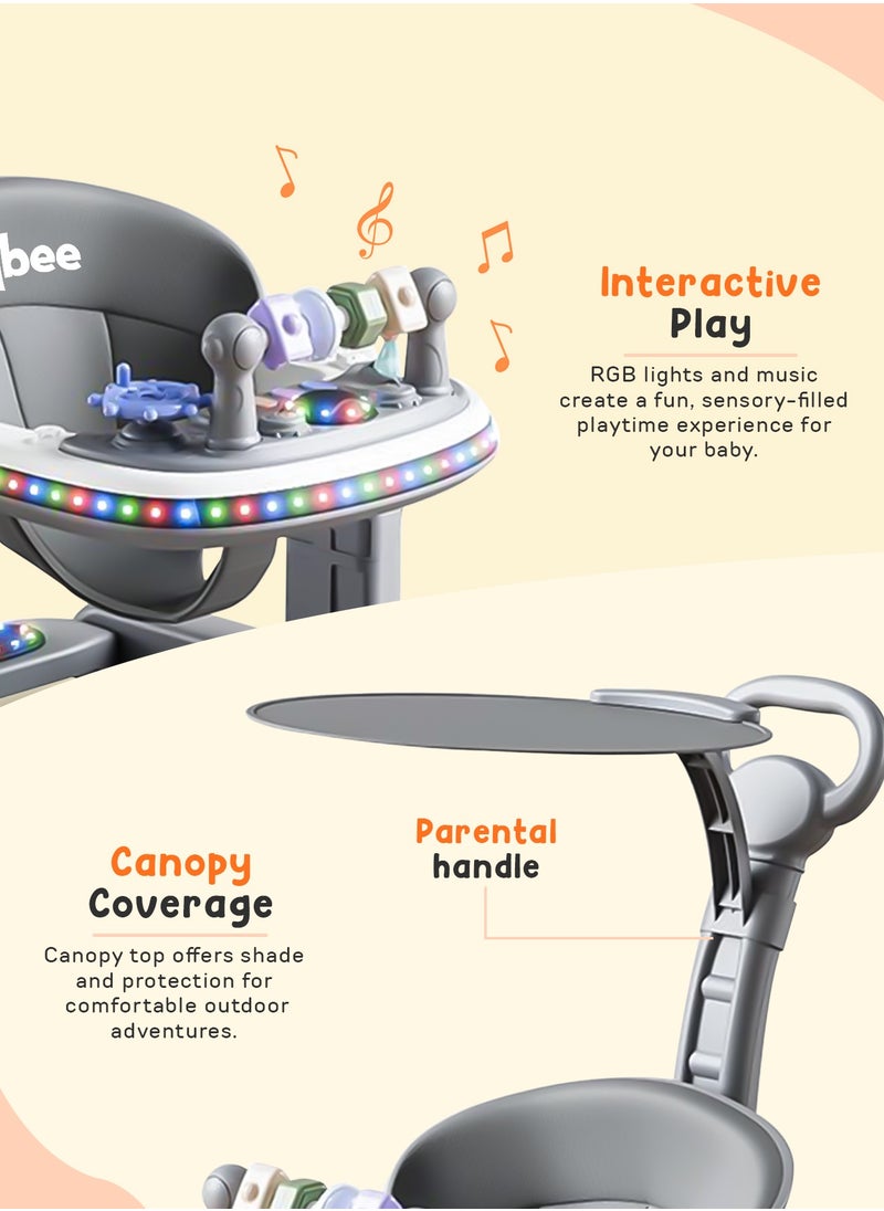 BAYBEE 2 in 1 Baby Walker for Kids, Baby Push Walker with Adjustable Height, Footmat, Canopy, Foldable Kids Walker with Tray, Musical Toy & Light Toddler Walker for Baby 6-18 Months Boy Girl Grey  - Image 5