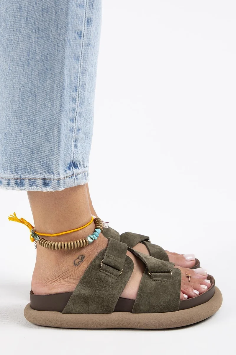 Manijero Manijero Tulipan Women's Genuine Leather Strappy Khaki Slippers