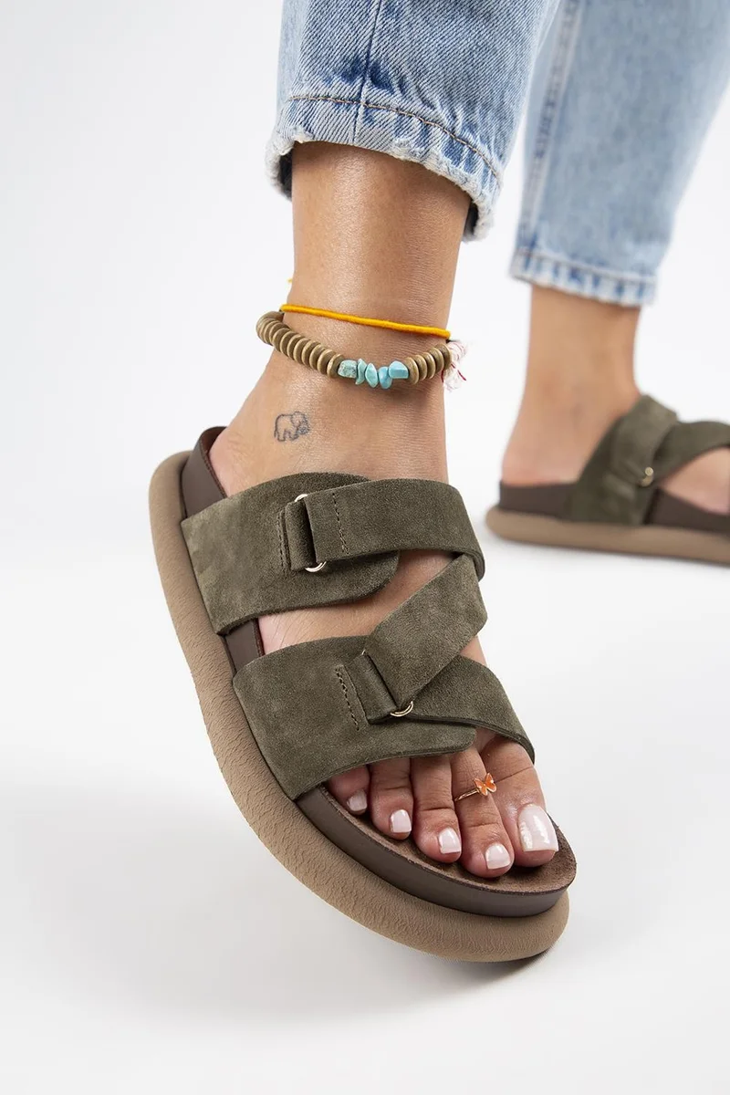 Manijero Manijero Tulipan Women's Genuine Leather Strappy Khaki Slippers