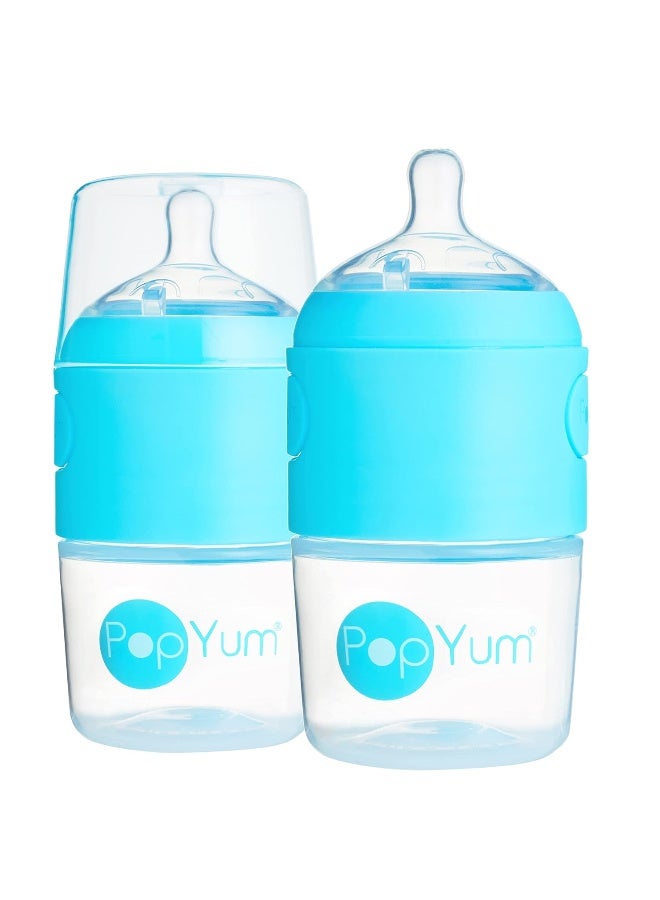 PopYum زجاجات حليب الأطفال PopYum سعة 5 أونصات باللون الأزرق، تركيبة مضادة للمغص، 2 عبوة مع حلمات تدفق بطيء رقم 1، 150 مل، خالية من BPA، قفل طبيعي - Image 1