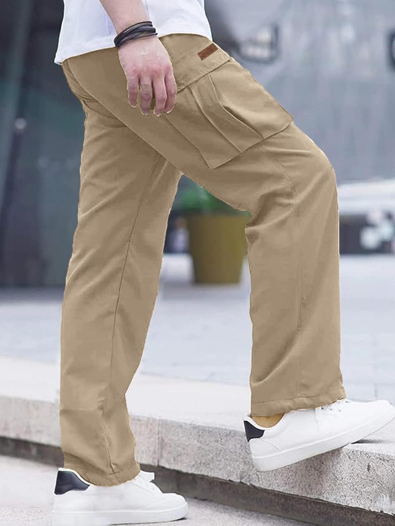 Comdecevis Men's Casual Cargo Pants Workout Joggers Stretch Sweatpants Hiking Drawstring Tactical Pants with Multi Pockets Dark Khaki - Image 3