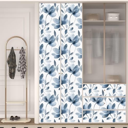 Laatse Blue Floral Wallpaper Peel and Stick Light Flower White Contact Paper 175in x118in Modern Watercolor Wall Paper Vinyl Waterproof Self Adhesive Botanical for Bedroom Cabinet Dcor - Image 3