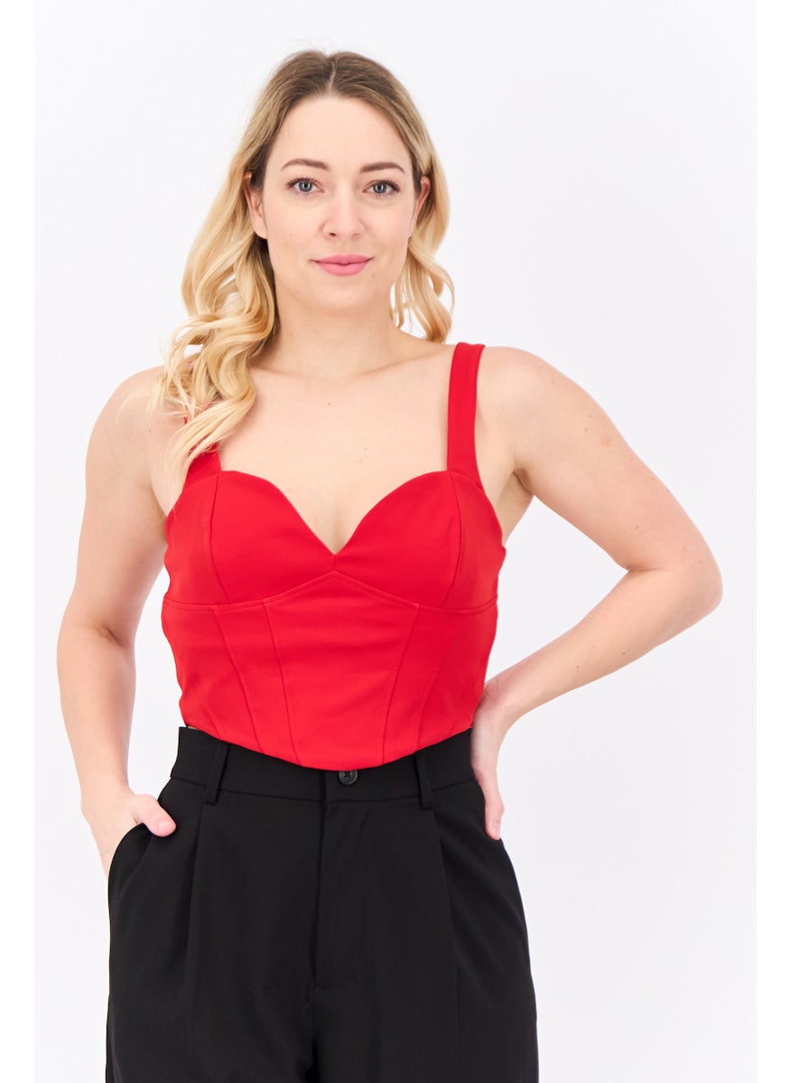 Bershka Women Sweatheart Neck Sleeveless Plain Crop Top, Red  - Image 1