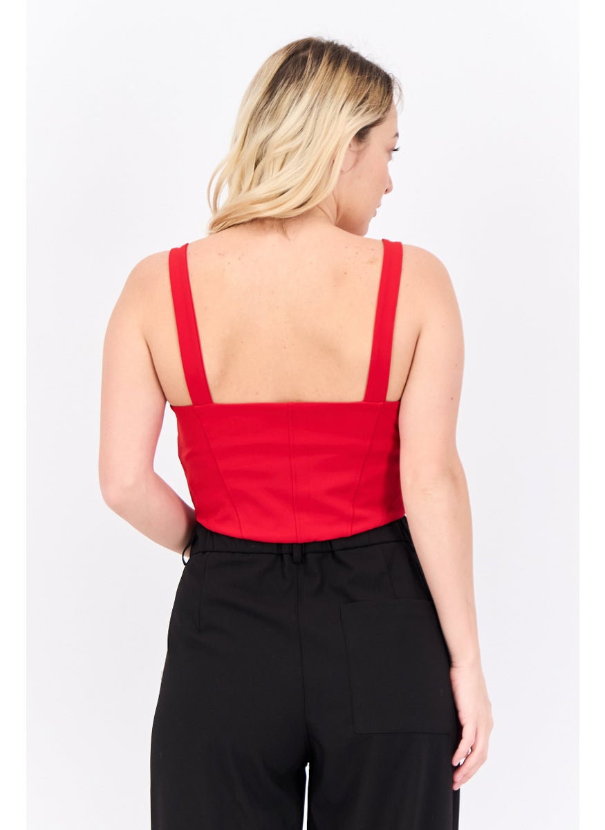 Bershka Women Sweatheart Neck Sleeveless Plain Crop Top, Red  - Image 3