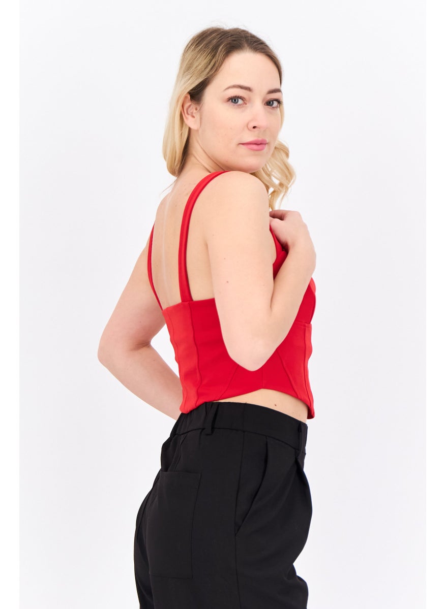Bershka Women Sweatheart Neck Sleeveless Plain Crop Top, Red  - Image 2