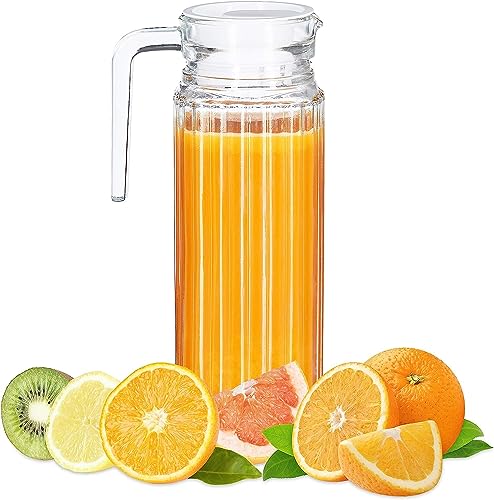 Bellemax 1.1 Litre Glass Water Jug with Plastic Lid & Handle Beverage Carafe for Beer, Water, Cocktails, Detox Drinks & More, Set of 1 Clear Glass 1100ML, Perfect for Parties & Events (BS-06) - Image 1