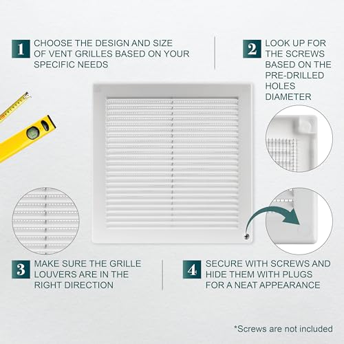 Ecopro Vent / 8'' x 8'' Inch Opening Measurement / White Square Vent External Grille with Protective Mesh - Lightweight Plastic Register / Cover Indoor Outdoor Soffit Vent - 10x10 Outer Measurement - Image 3
