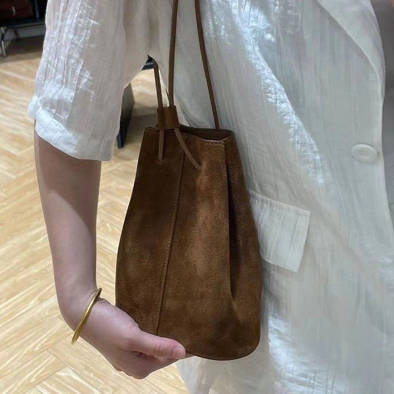 Suede First-Layer Cowhide Pebbled Drawstring Bucket Bag Versatile High-End Single Shoulder Crossbody Bag Women'S Bag - Image 1