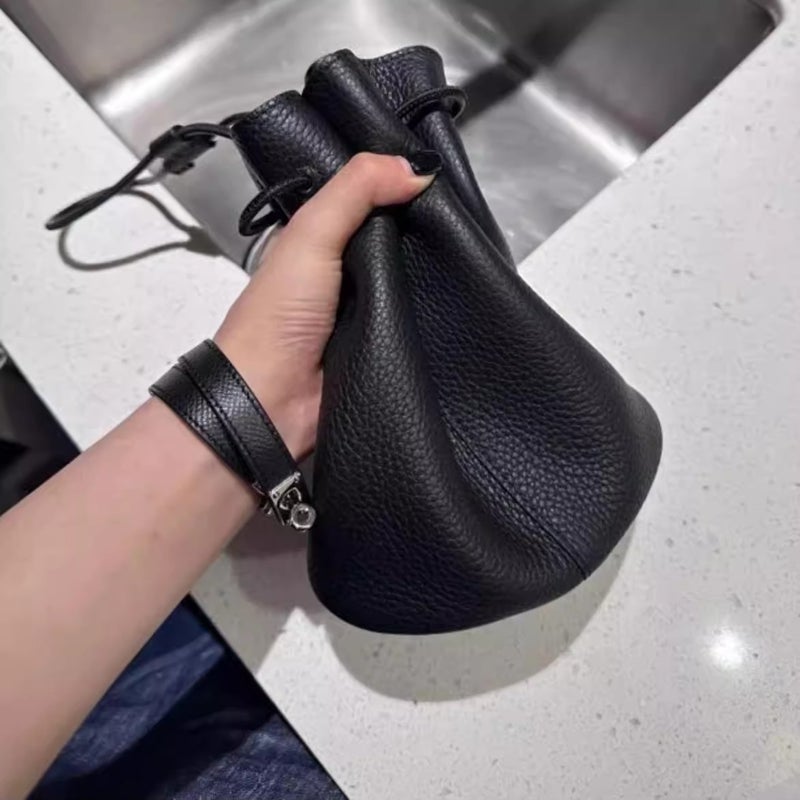 Suede First-Layer Cowhide Pebbled Drawstring Bucket Bag Versatile High-End Single Shoulder Crossbody Bag Women'S Bag - Image 5