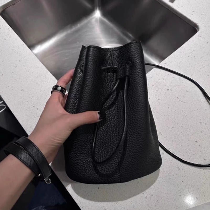 Suede First-Layer Cowhide Pebbled Drawstring Bucket Bag Versatile High-End Single Shoulder Crossbody Bag Women'S Bag - Image 4