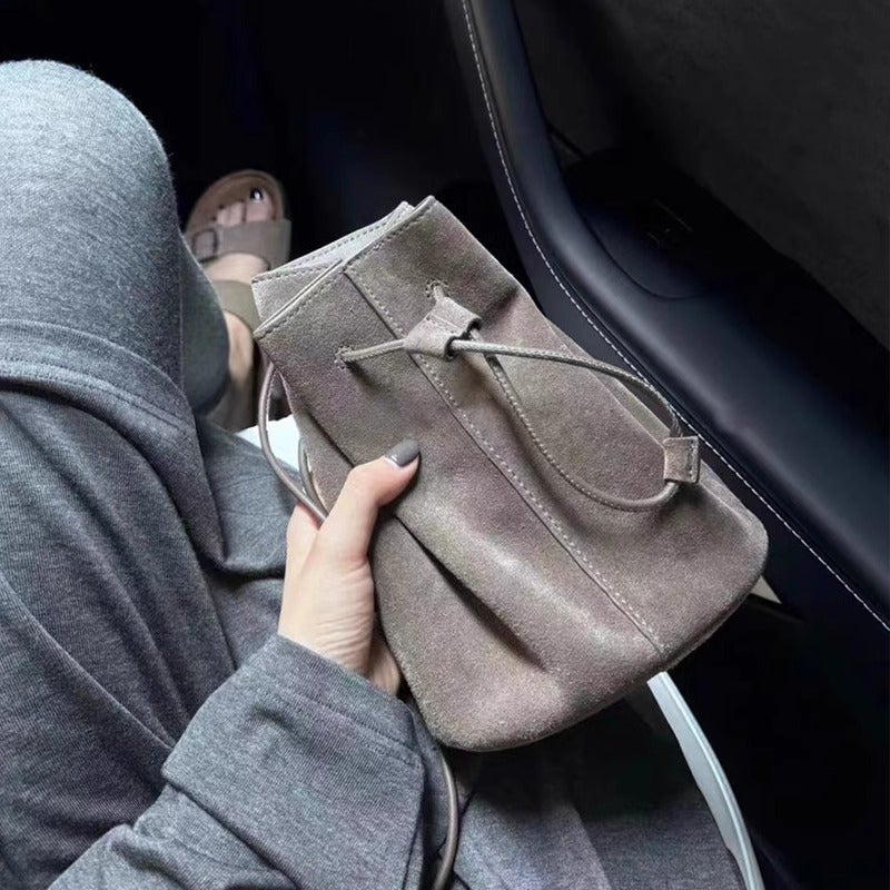 Suede First-Layer Cowhide Pebbled Drawstring Bucket Bag Versatile High-End Single Shoulder Crossbody Bag Women'S Bag - Image 2