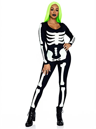 Leg Avenue Womens Glow in The Dark Skeleton Bodysuit Halloween Costume, Black/White, SMALL - Image 1
