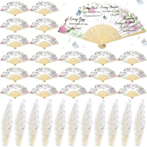 Beeveer 50 Pcs Christian Paper Hand Fans Foldable Church Bamboo Fans with Organza Bag for Bible Church Decorations GiftWhiteGod Thinks of You - Image 1